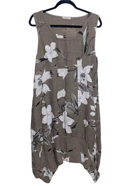 Anna Melani Dress Womens XL 100% Linen Italy Minimalist Lagenlook Floral Pockets